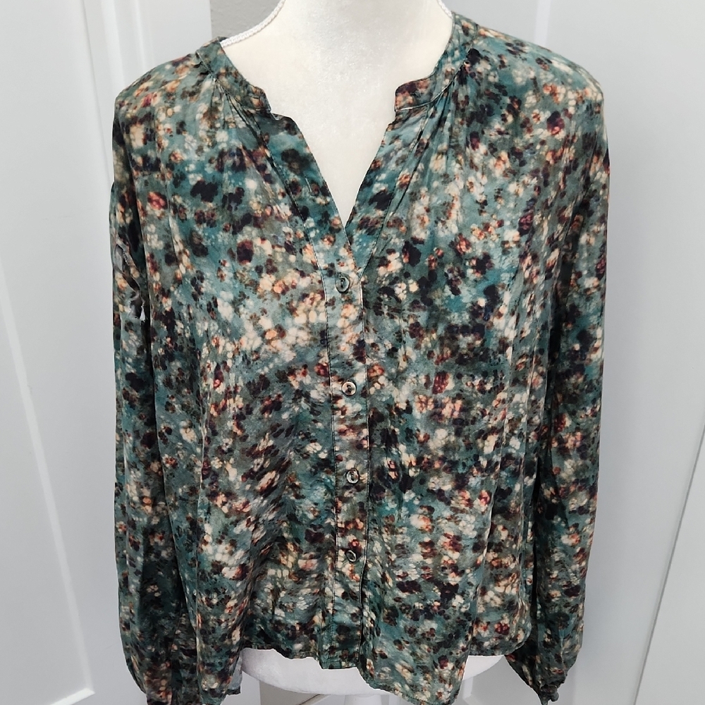 Marie Oliver Teal and Cream Patterned Blouse XL Rayon Silk Blend